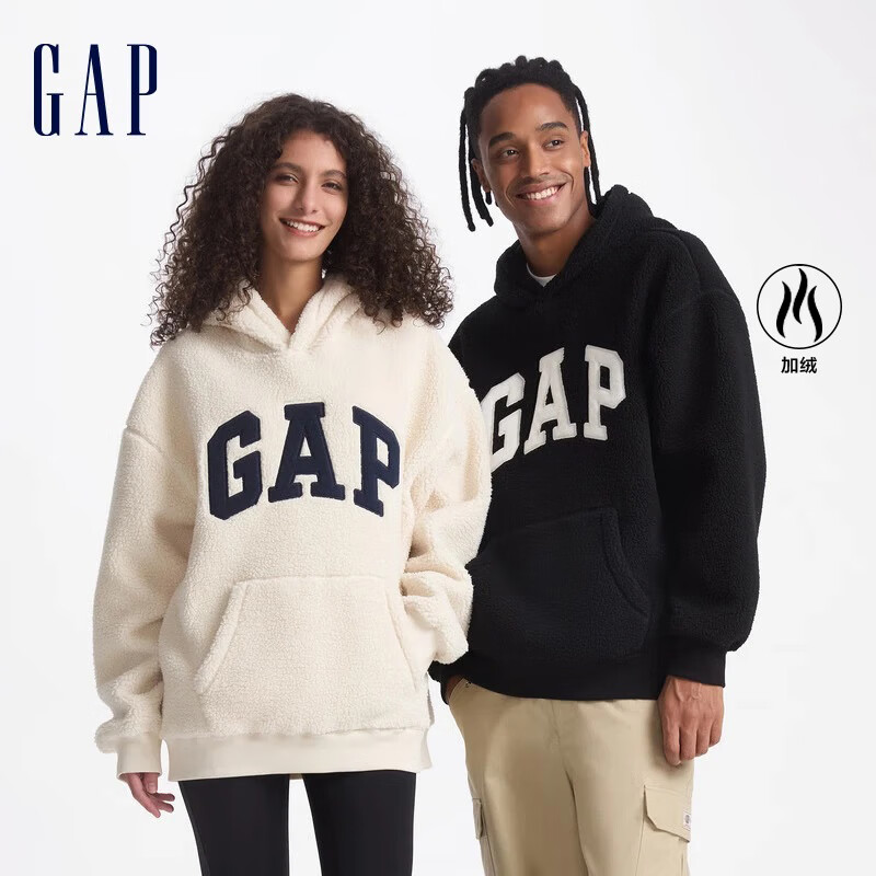 GAP男女装刺绣字母logo仿羊羔绒连帽卫衣套头衫609050 米色 L (175/96A) 亚洲尺码