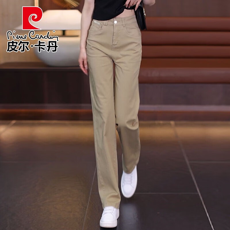 皮尔卡丹卡其色裤子女2025新款夏季薄款宽松牛仔裤休闲窄版女裤春秋直筒裤 卡其色 3XL 【推荐140-160斤】