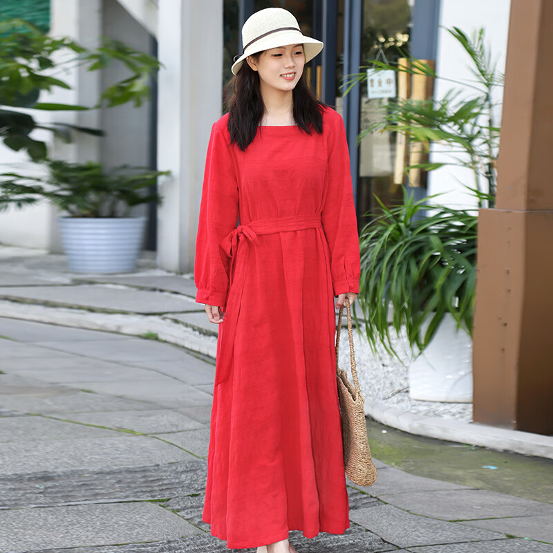 乱在江南文艺纯色棉麻连衣裙秋季新品系带原创设计宽松大摆长裙 红色