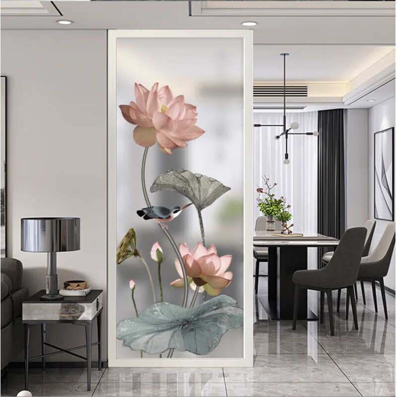 馨迪艺术玻璃屏风新中式隔断客厅入户玄关钢化玻璃磨砂定制轻奢荷花图