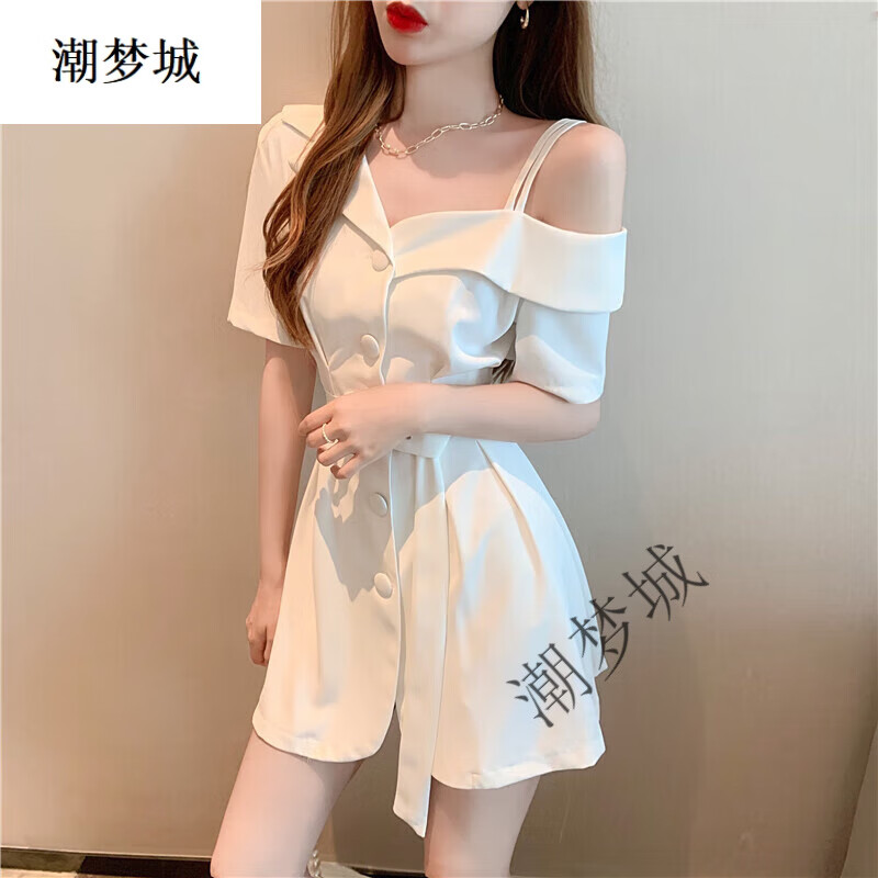 潮梦城女主播直播衣服套装女生夏天气质小心系带性感露肩西装连衣裙收 白色 S