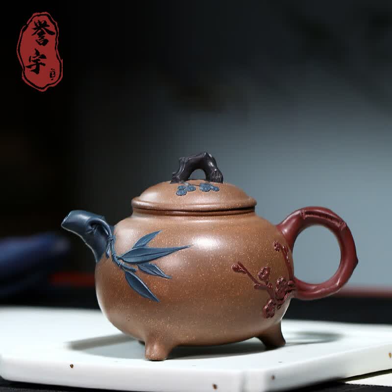 誉宇国工紫砂壶宜兴原矿老段泥纯手工手绘三友茶壶陈腐竹节精品蒋静明