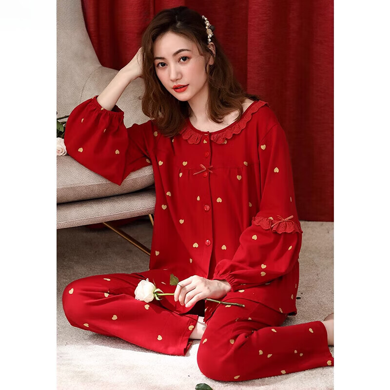 爱慕秋夏女纯棉睡衣女士春秋款纯棉长袖家居服秋冬大红色本命年秋冬
