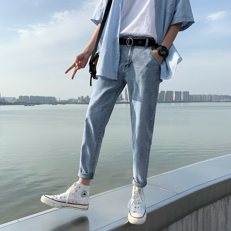 古莱登夏季小码男装矮小个子修身小脚牛仔裤休闲九分裤26码27号中学生