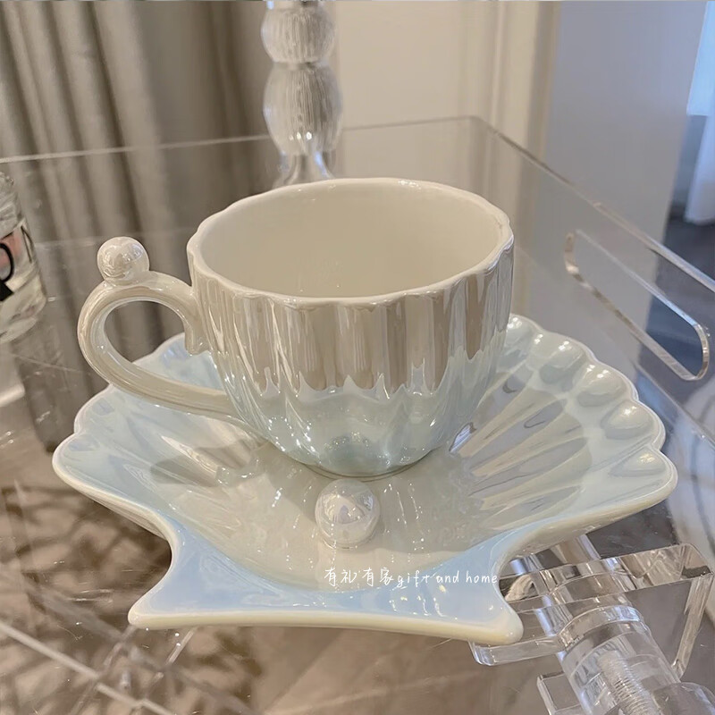 陶瓷贝壳杯 珍珠贝壳咖啡杯碟套装感珠光陶瓷花茶水杯 人鱼姬蓝无勺