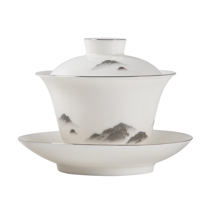 金鑲玉羊脂玉瓷三才蓋碗功夫茶具白瓷泡茶碗陶瓷茶杯墨岳蓋碗130ml