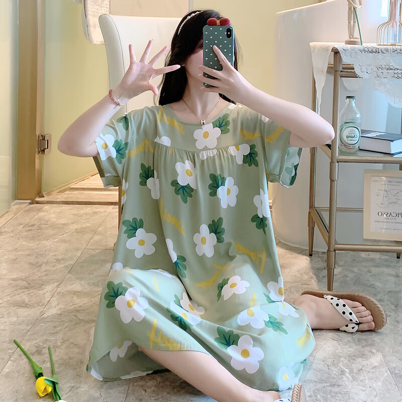 春秋款睡裙女士可爱棉绸短袖大码人造棉2024年新款睡衣夏家居服夏 绿底小白花 均码