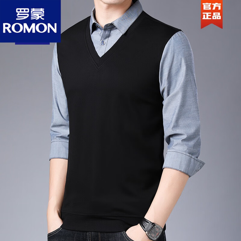 罗蒙（ROMON）2024秋冬季新款针织衫纯色百搭男士休闲长袖衬衫领加绒假两件毛衣 蓝灰 2XL