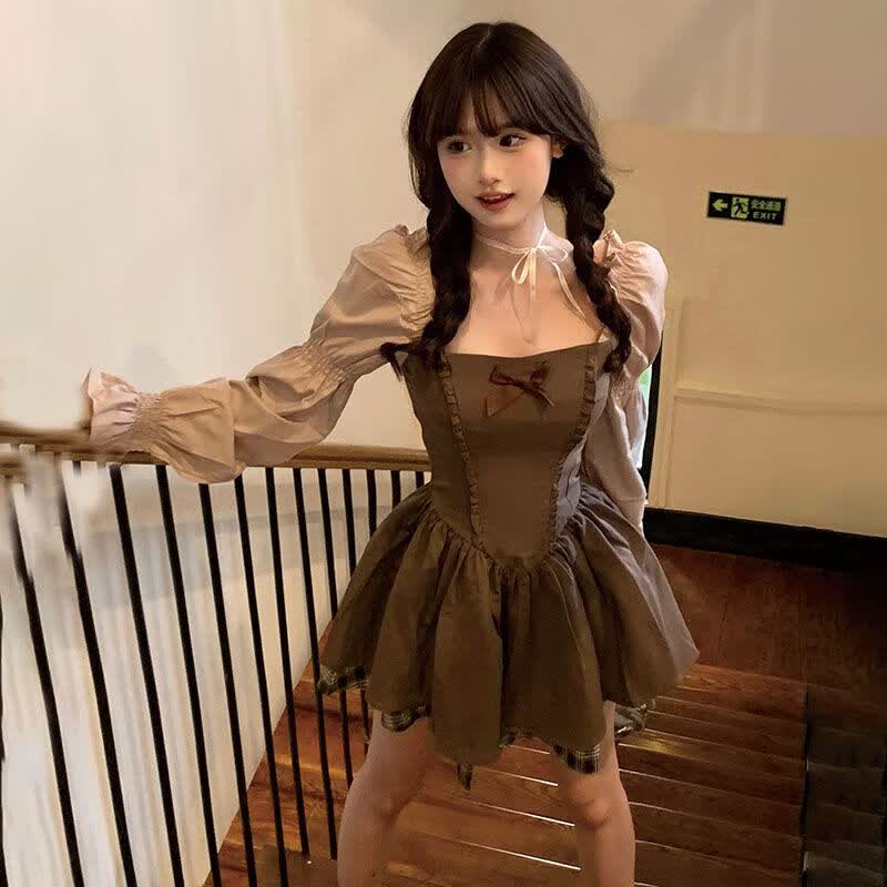 气质蝴蝶结泡泡袖连衣裙女韩版收腰显瘦超仙蓬蓬公主裙子 棕色蓬蓬裙