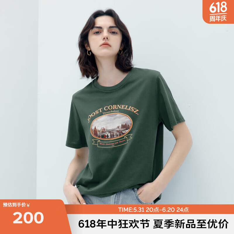 伊芙丽（eifini）伊芙丽凉感复古精致贴布绣花油画两色宽松T恤女2024夏装新款短袖 墨绿 160/84A/M