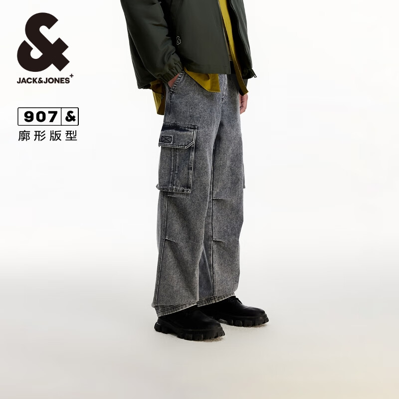 杰克·琼斯（JACK&amp;JONES）男装秋季时尚百搭潮流logo皮标抽绳廓形牛仔裤长裤男款225132043 C43浅牛仔灰 常规 32 175 W32/L32