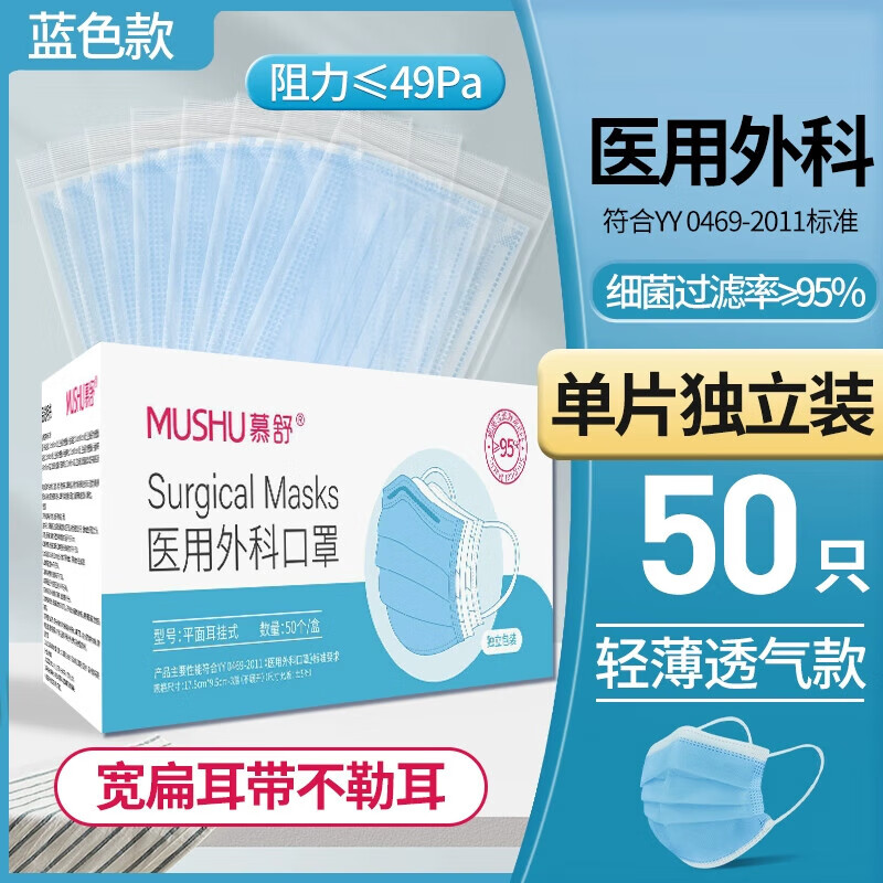慕舒薄款透气口罩夏季一次性运动低阻冰感薄款易呼吸女成人医用外科囗 蓝色50只【独立包装+医用外科+夏季薄运动舒适】