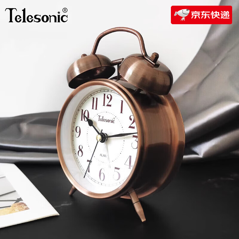 天王星(Telesonic)復古鬧鐘創(chuàng )意靜音金屬擺臺式時(shí)鐘臥室打鈴床頭鐘 4英寸銅色【靜音走時(shí)+燈光+365天 4英寸