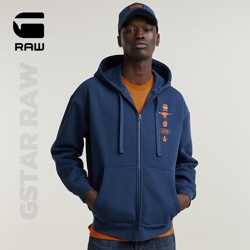G-STAR RAW連帽衛(wèi)衣寬松潮流印花夾克嘻哈時(shí)尚男士外套開(kāi)衫D25105 深海藍(lán) S