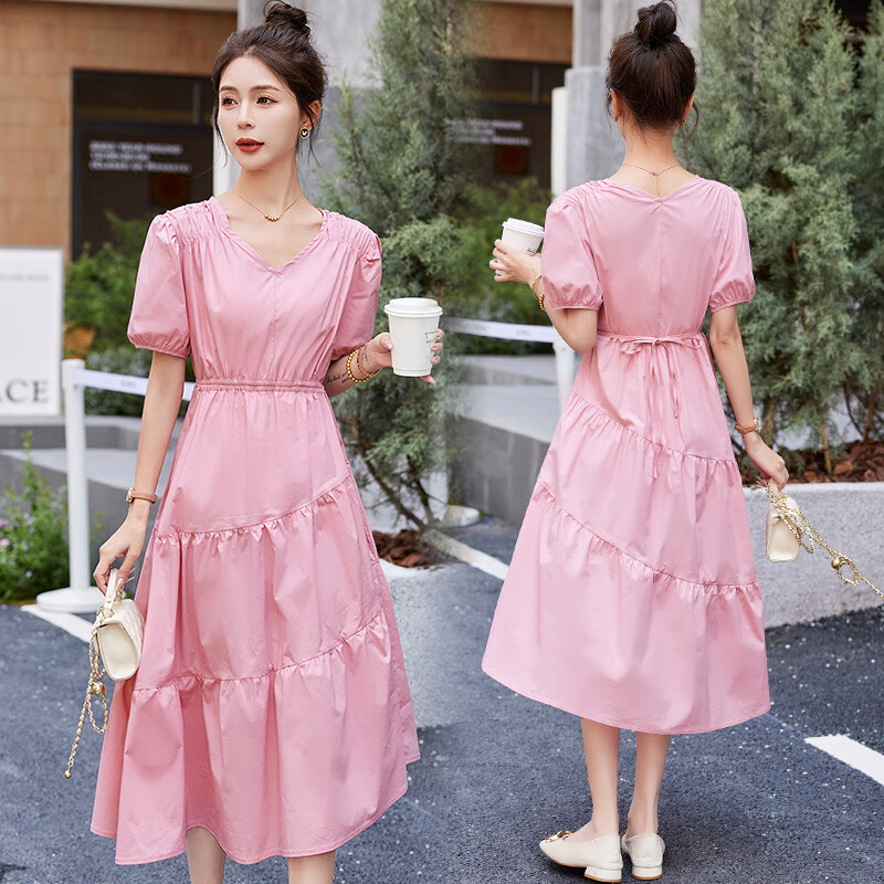 rgckle法国风格法式浪漫泡泡袖v领连衣裙女2023年夏季新款气质收腰大