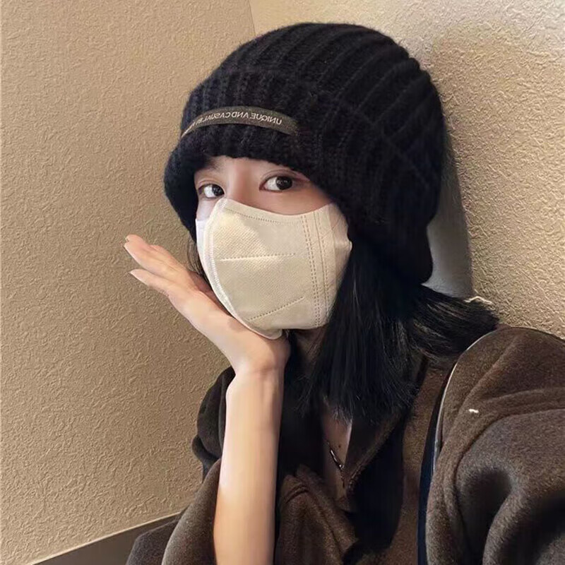 达芬奇密码秋冬保暖纯色针织毛线帽女士帽子防寒防风 黑色