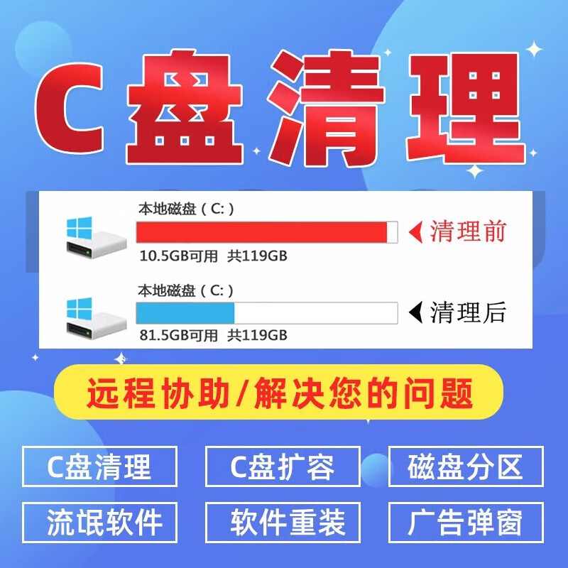 电脑远程c盘清理扩容笔记本磁盘分区流氓软件广告弹窗内存清理合 C盘清理优化扩容（2）