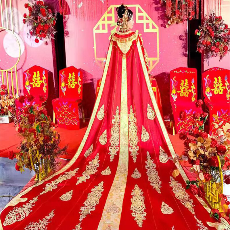 氧摩鳳冠霞帔婚服全套新娘2024新0款中式婚紗宮廷風漢服披風秀禾大拖 拼冠珠繡 均碼