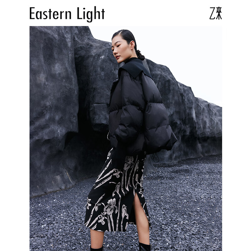 乙来（EASTERN LIGHT）【甄选90大朵白鸭绒】羽绒服女装冬季短款厚上衣外套新年战袍 优雅黑 L