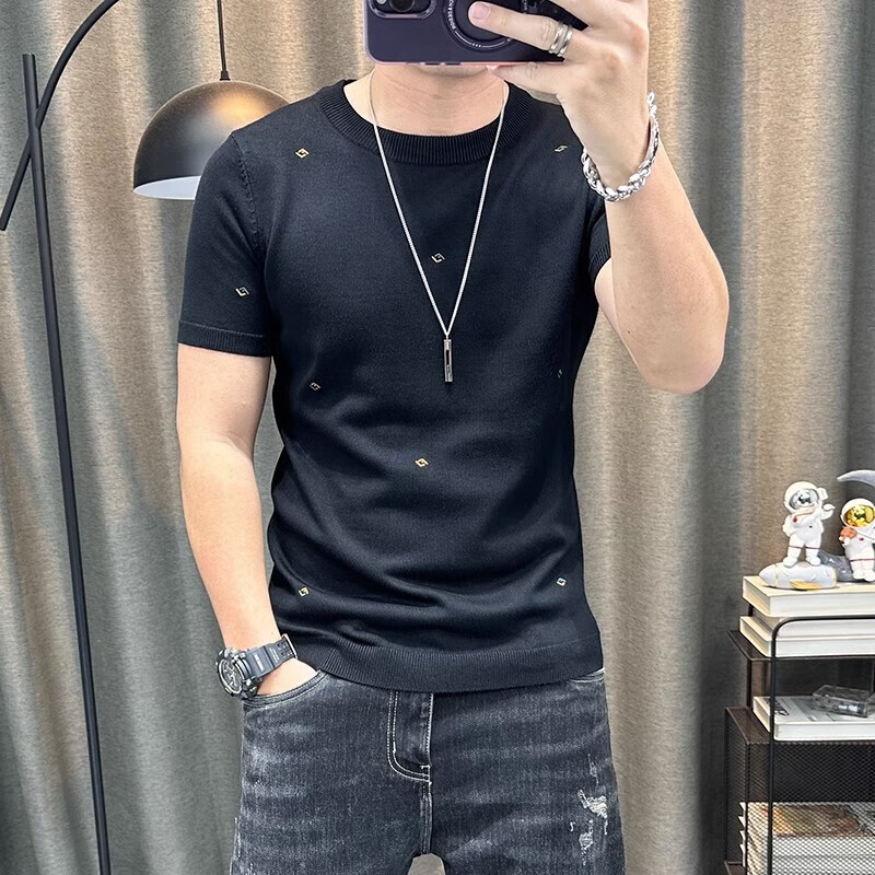 LUO ELEMENT短袖毛衣男秋冬百搭弹力紧身半截袖男装上衣圆领修身半袖针织衫潮 黑色 M