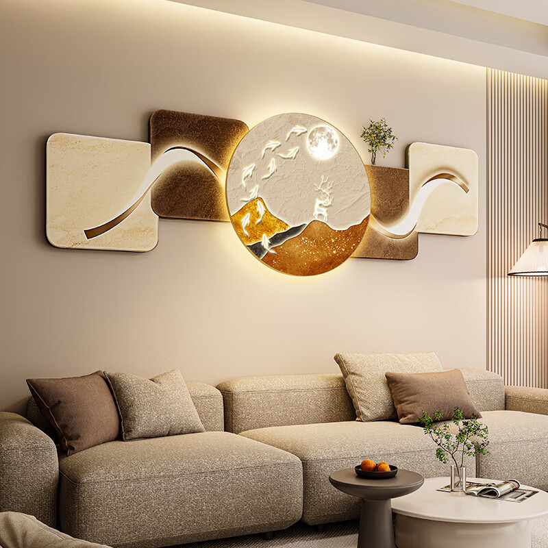 客厅装饰画现代简约沙发背景墙挂画LED灯光画侘寂风免打孔壁画 鎏金款-福鹿生财 遥控灯带充电宝大款70*210cm