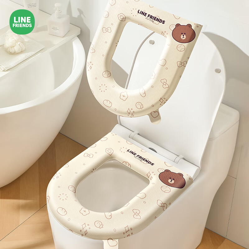 Creative art马桶圈马桶垫子保暖秋冬季加绒防水坐便垫套粘贴式拉链款四季通用 【联名新款】白色布朗熊1个