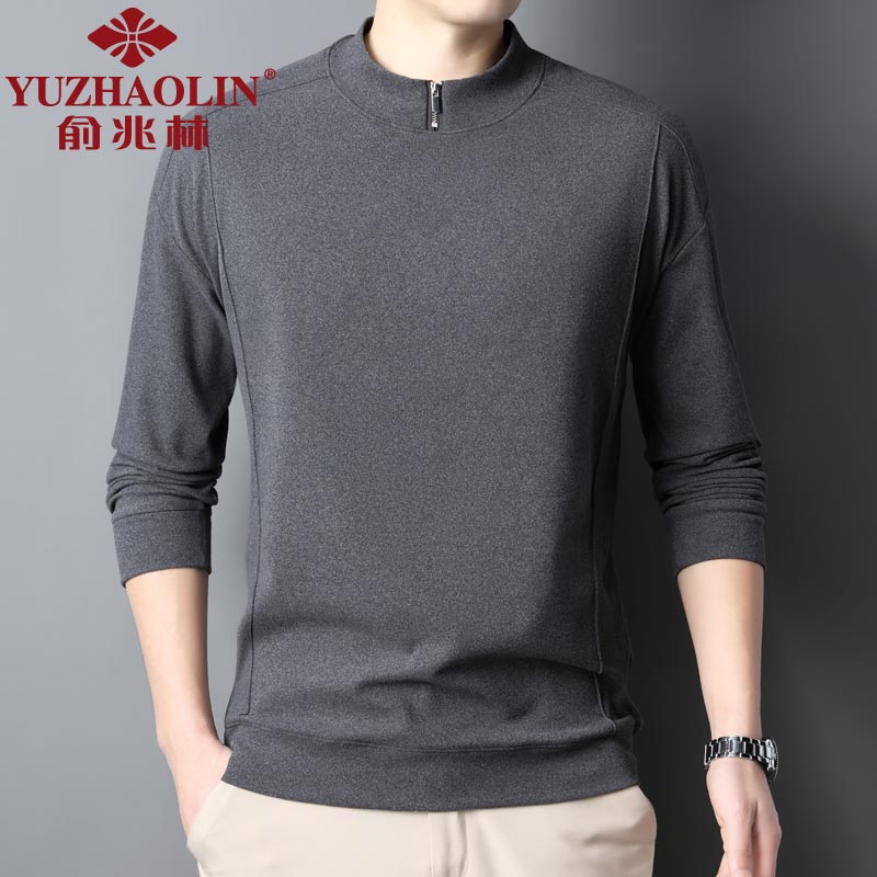俞兆林德绒长袖t恤男士秋冬季纯色半拉链打底衫中青年磨毛保暖中领体恤 灰色 M (165) (建议90到110斤穿)