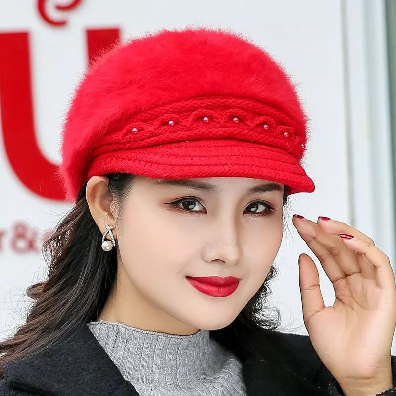 欧曼玫【现发】帽子女冬天加绒保暖护耳鸭舌针织帽贝雷帽兔毛帽加厚毛线 豆沙色