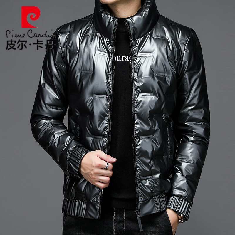 皮尔卡丹(pierre cardin)新品白鸭绒亮皮羽绒服男青年冬季轻薄立领短
