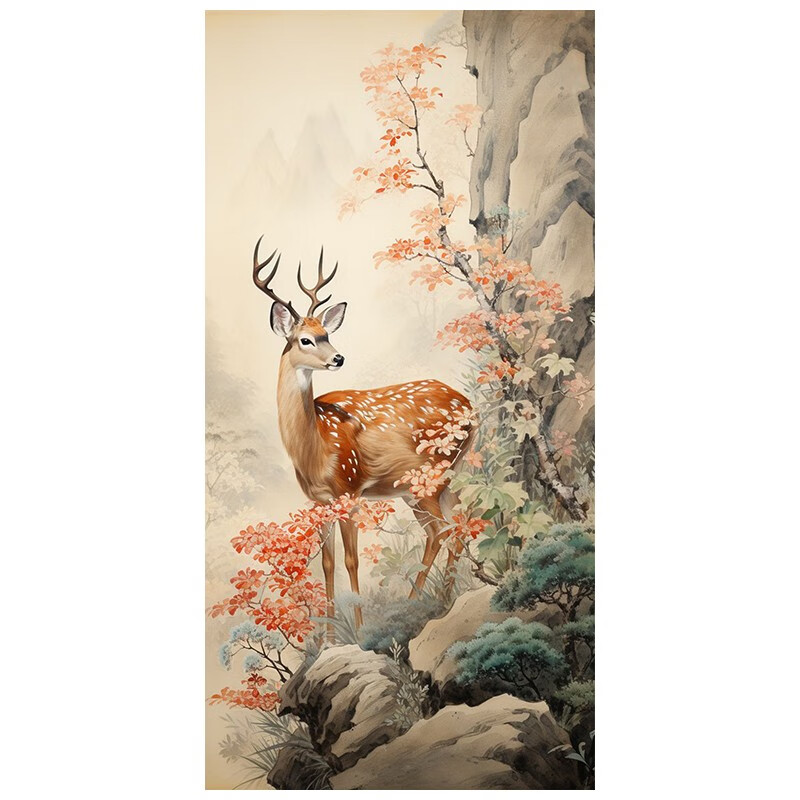 艺幻一路平安纯手绘油画梅花鹿装饰画客厅新中式动物肌理玄关小鹿挂画