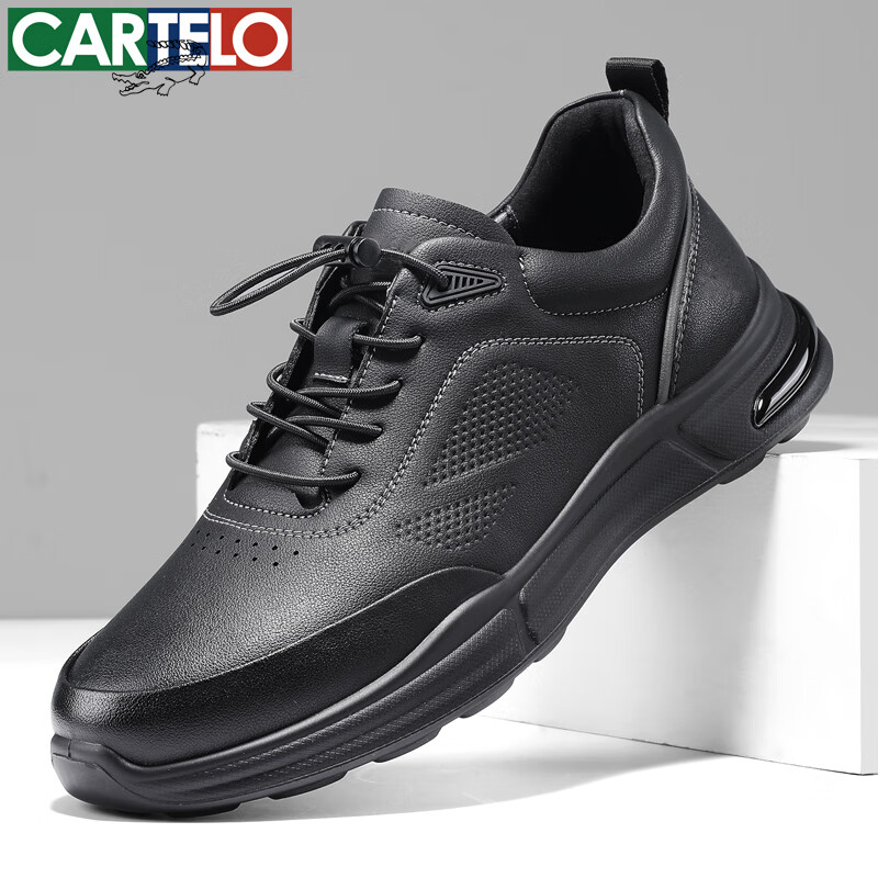 卡帝乐鳄鱼男鞋秋冬季新款男士休闲皮鞋时尚运动休闲鞋百搭舒适旅游鞋子 黑色 42