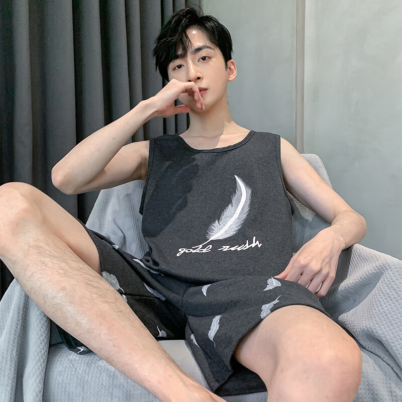 睡衣男夏季棉质背心短裤薄款无袖男士大码可外穿青少年家居服套装 HD5106 男L