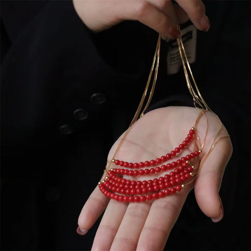 流彗红珊瑚首饰项链珊瑚高颜值红色圆珠奢华品项链本命年送女友礼