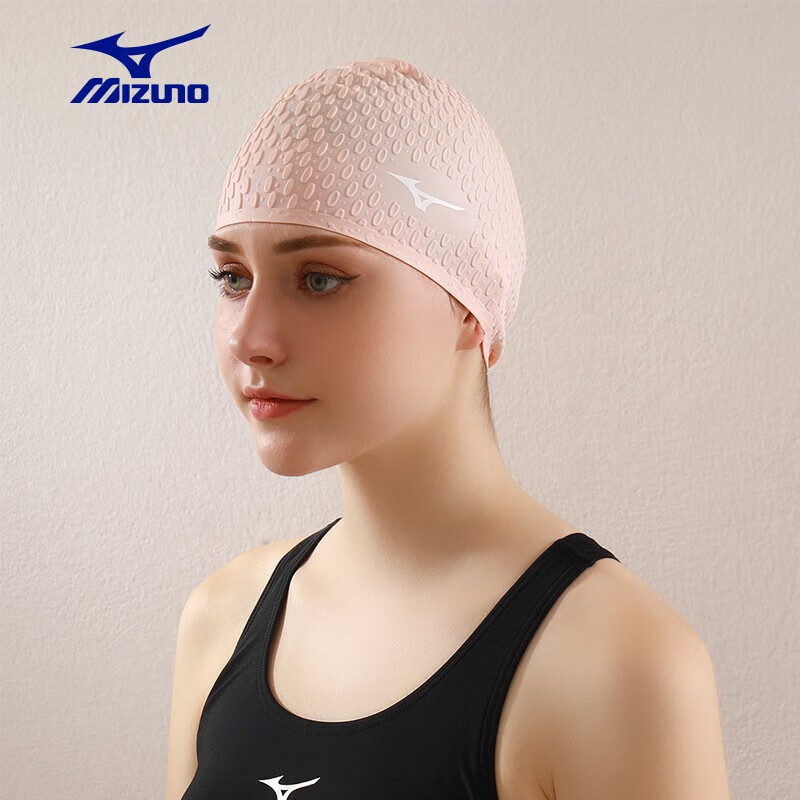 美津浓(MIZUNO)泳帽男女长发护耳防水硅胶游泳水滴帽加大不勒头防滑泡泡帽 黑色