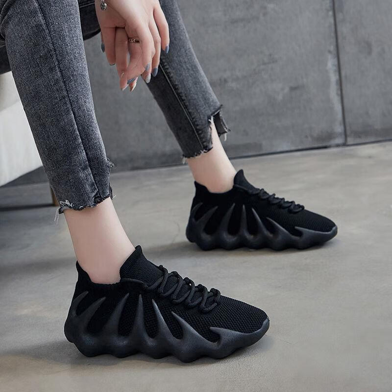 clenikeed夏季新款八爪鱼椰子鞋透气运动鞋女休闲网红潮软底火焰 黑色