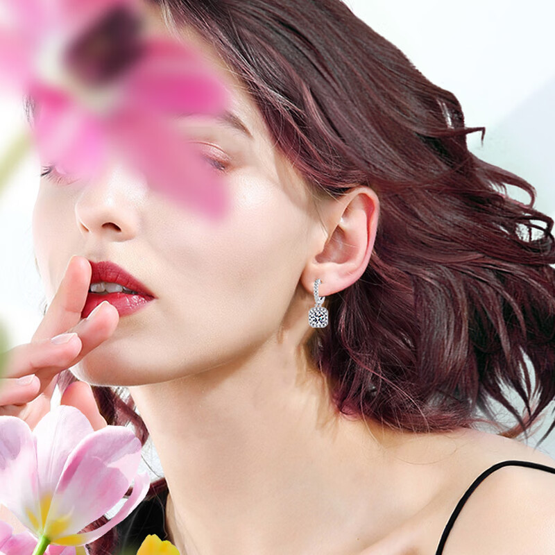 缔时尚莫桑钻石银耳环女士轻奢耳圈耳饰38妇女女神节礼物送女生女友老婆 EH021 方包莫桑钻耳环 4克拉一对