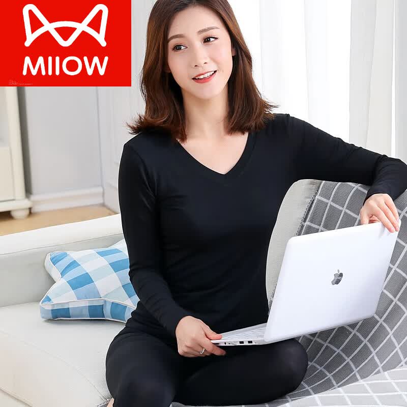 猫人（MiiOW）品牌新款女士莫代尔棉秋衣秋裤女套装大码徳狨无痕保暖内衣薄 黑色 2129(V领) XL 建议【115-130斤】