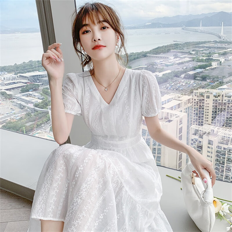 依伊純白色連衣裙女夏季小個子氣質(zhì)修身仙女長裙可鹽可甜減齡收腰初戀裙 白色 L (建議  100-110斤)