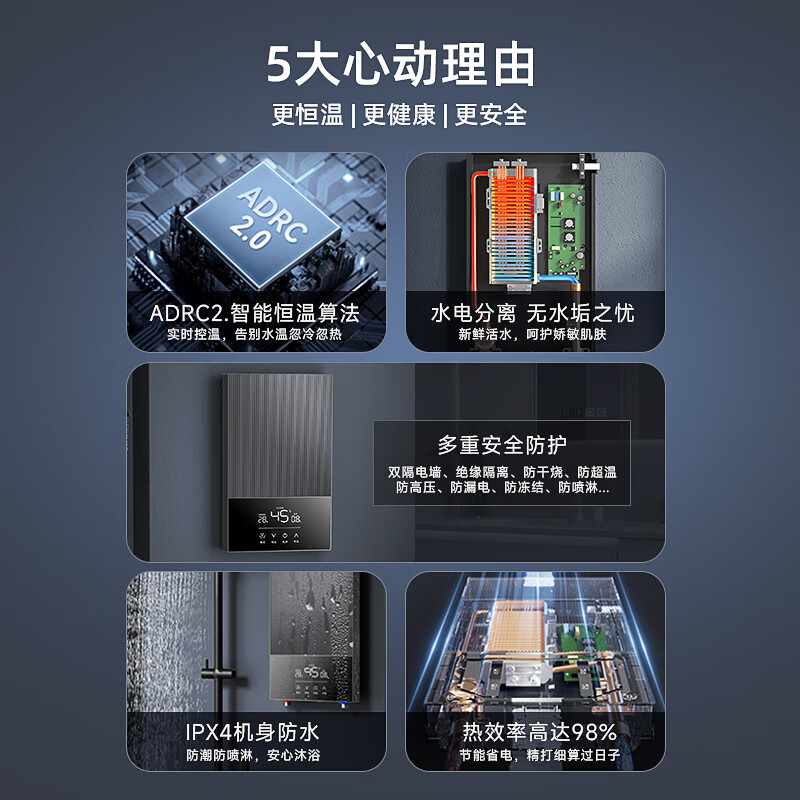 万和(Vanward)即热式电热水器7000W速热恒温小厨宝热水器省电家用集成淋浴洗澡免储水 8500W 【银河灰】变频恒温+水电分离+送空开