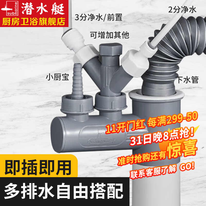 潜水艇（Submarine）厨房下水管防臭三通排水接头洗碗机净水器排水管三头通四通接头京 多排水多通配件-接头多、解需求怎么看?