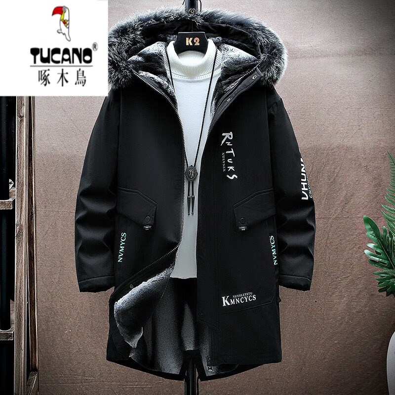 啄木鸟（TUCANO）羽棉绒服男中长款冬季抗寒2025新款保暖派克服冬装男加绒衣服外套 911黑红色 (人造棉升级加绒款) M