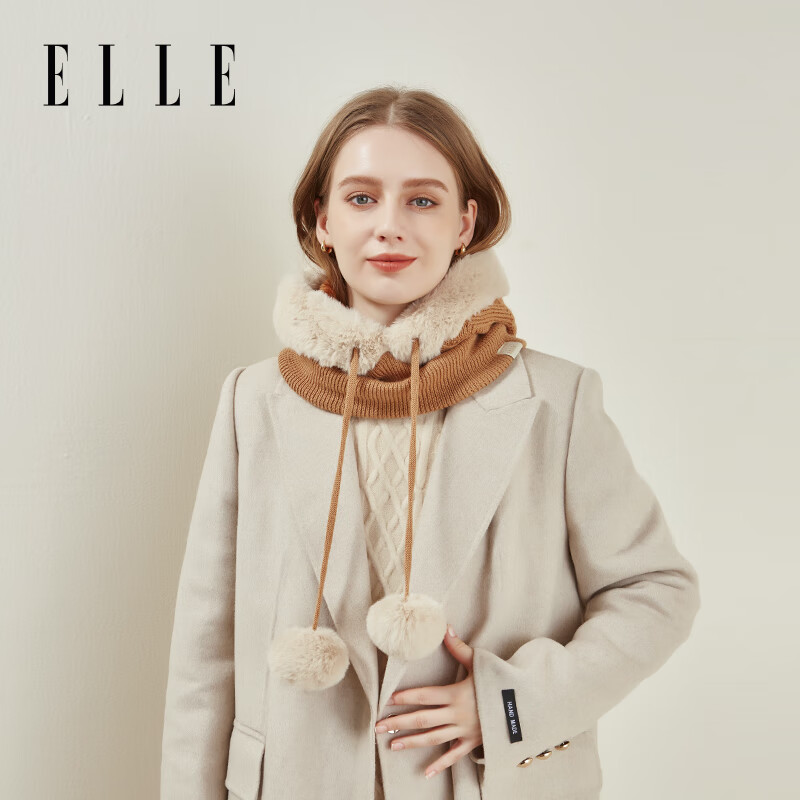 ELLE羊毛套头帽女士秋冬季户外保暖加绒加厚护耳针织雷锋帽子 棕色