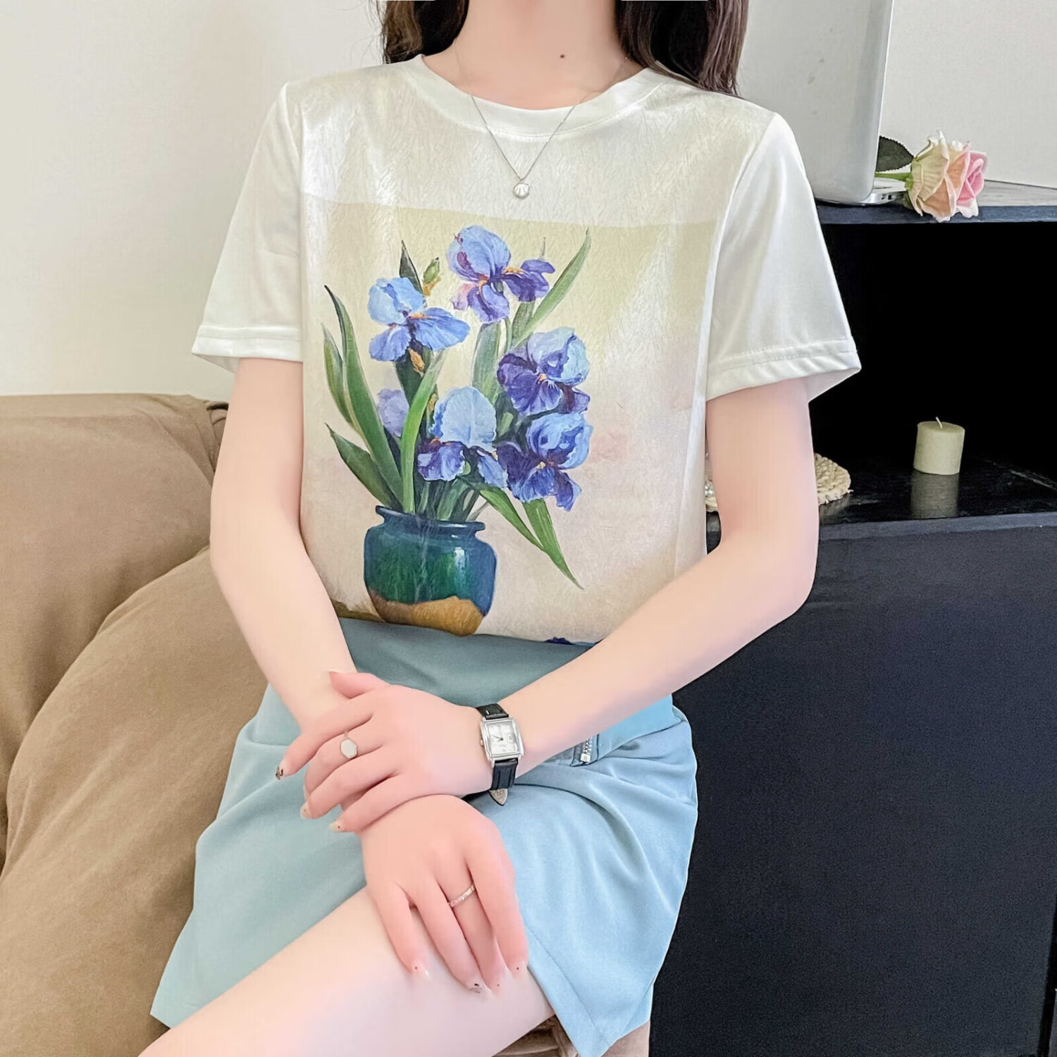 虎迹 2025年夏季短袖AB面 小蓝花 L