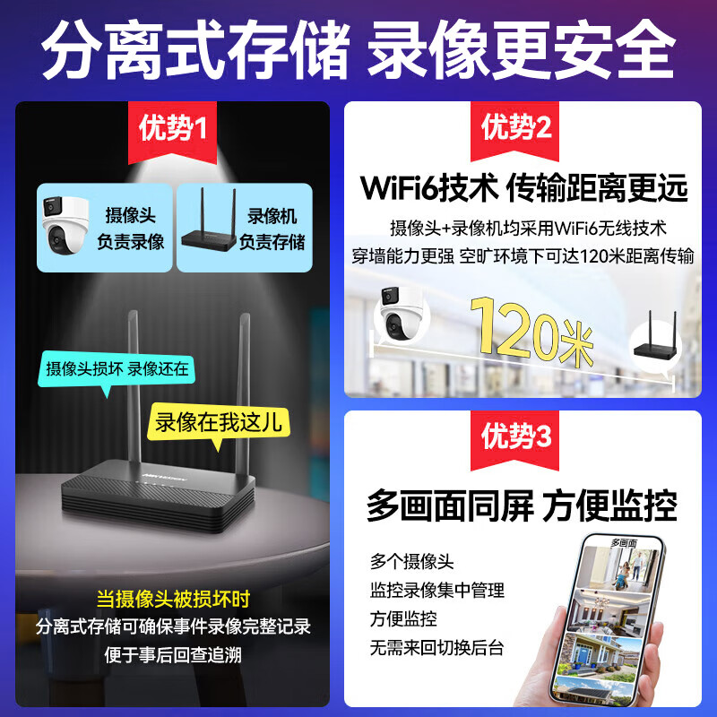 海康威视摄像头wifi双摄800万无线监控器高清全彩夜视360度云台可对讲手机远程  1台wifi双摄【400万全景+400万细节】 无线录像机版本+64g内存卡