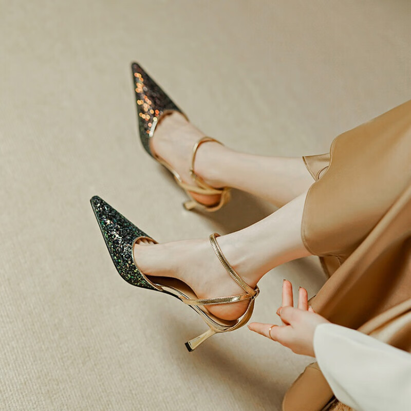 戴丽格法式性感女人味包头后空一字扣凉鞋春夏新款尖头气质细跟女鞋