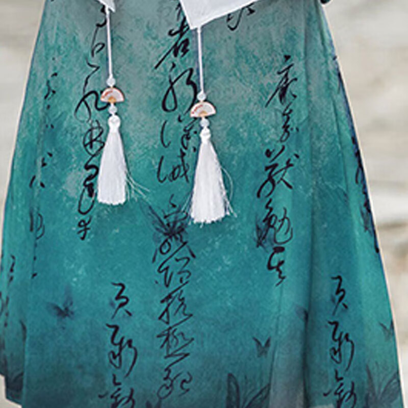 子牧棉麻夏装 女新中式盘扣斜襟提花上衣一片式国风印花短裙套装2326 白色上衣+蓝色半身裙 S(建议80-100斤)