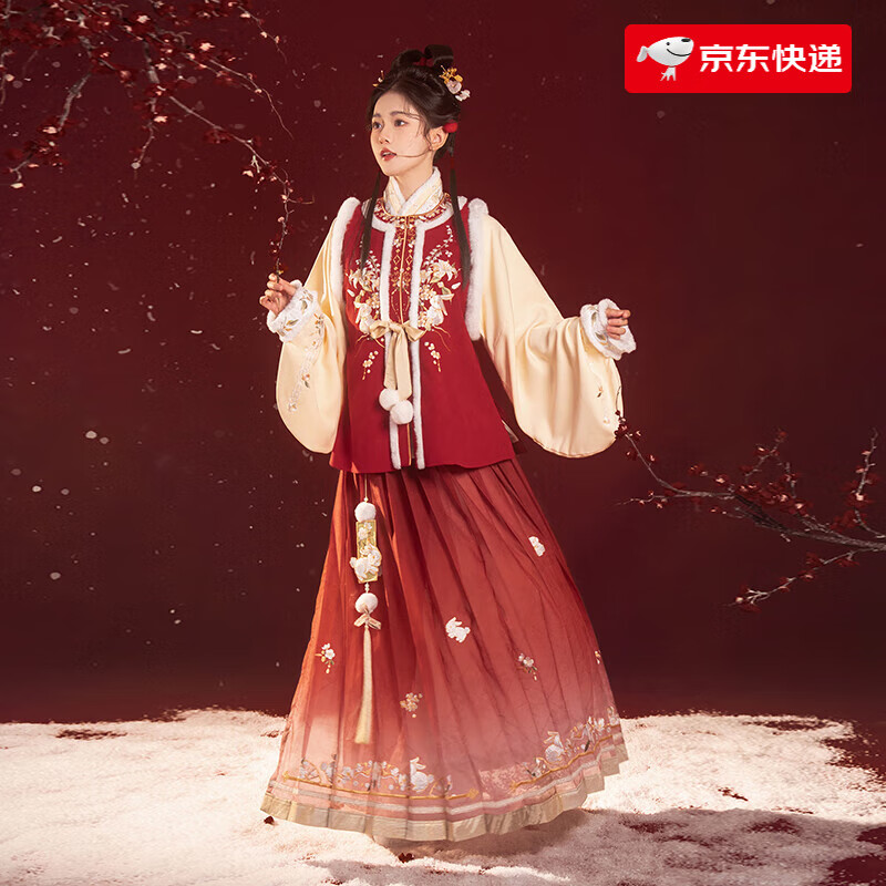 漢尚華蓮月兔百合原創(chuàng)明制兔年拜年漢服女秋冬圓領(lǐng)比甲一片式褶裙 月兔百合-圓領(lǐng)比甲紅色 XS