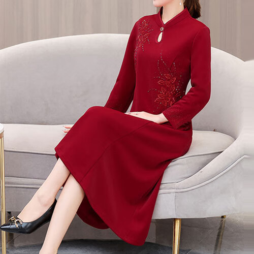 奥若文妈妈旗袍婚宴冬季改良版喜婆婆婚宴装冬季婚礼妈妈礼服烫钻长袖