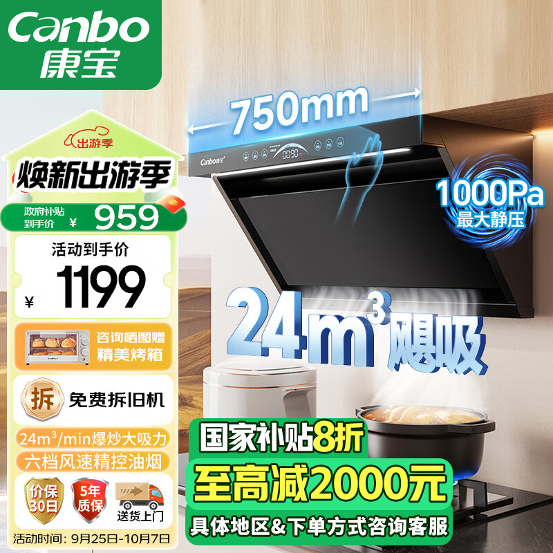 康宝（Canbo）750mm小尺寸油烟机家用顶侧抽油烟机大吸力厨房免拆自清洁抽烟机侧顶吸油烟机CXW-250-BE750