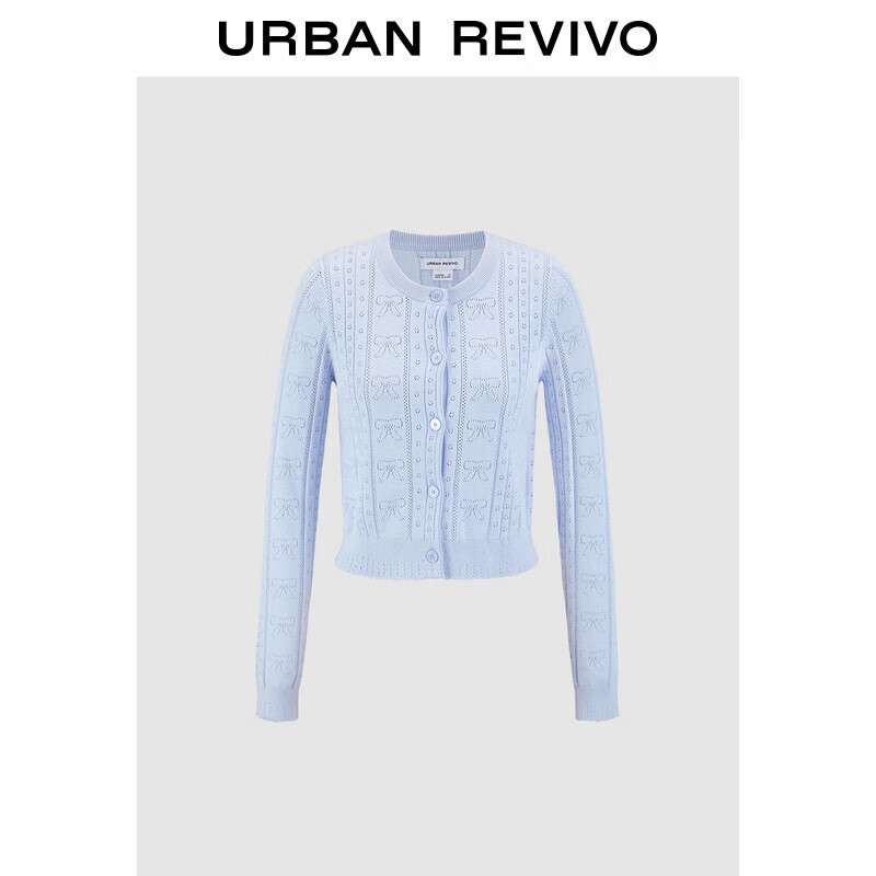 UR2025春季新款女蝴蝶结镂空肌理短款修身针织开衫UYU950046